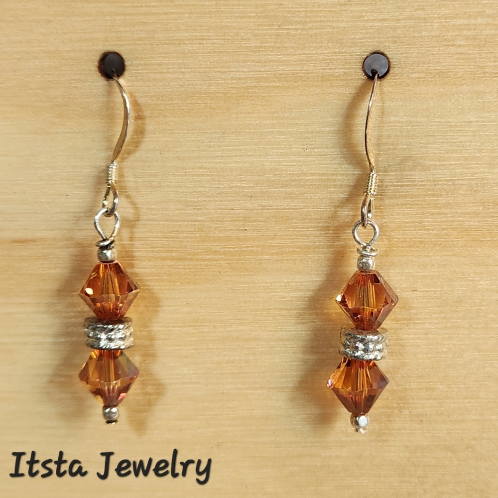 Genuine Swarovski Crystal Topaz Bicone Earrings Sterling Silver French Earwires